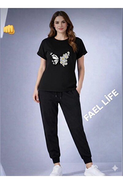 FAEL LİFE SET TRICOU ȘI PANTALONI DE TRENING CU IMprimeu Fluture și Margarete...