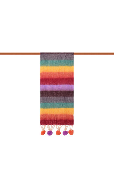 Bursa İpek Eșarfă cu pompon cu model în dungi verde burgundă