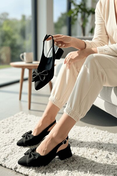 DURUNUN BUTİĞİ Duta Fiyonklu Siyah Süet( 4 cm Topuklu ) Sivri Burun Topuklu A...