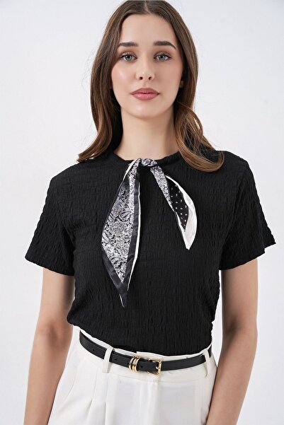 Hiccup Bdart Scarf Detailed Crew Neck Textured Blouse