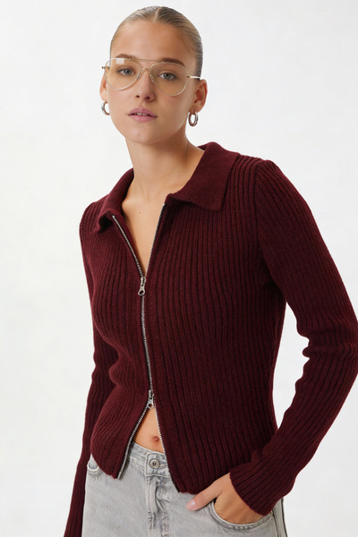 Ritnice Women's Sara Basic Soft Textured Double-Sided Zippered Burgundy Knitw...