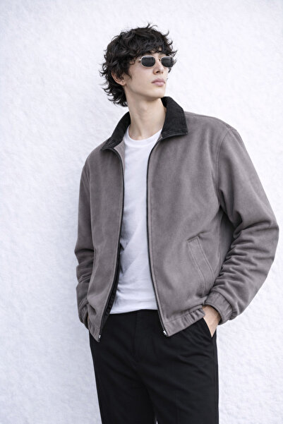 inpool Men's Oversized Fit Bomber Suede Jacket with Velvet Collar Detail 26Us...