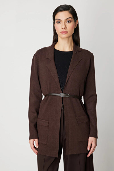 On Fashion Women's Open Front Pocket Belted Brown Cardigan 69907
