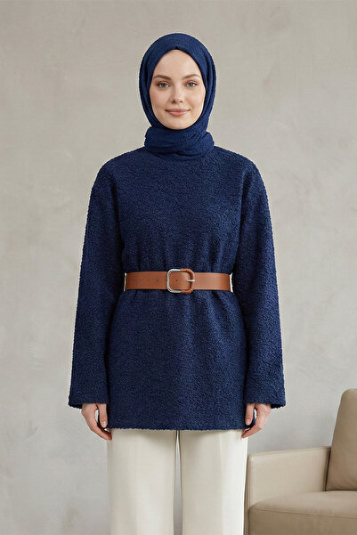 Kirazgym Women's Belted Boucle Knit Sweater - Navy Blue