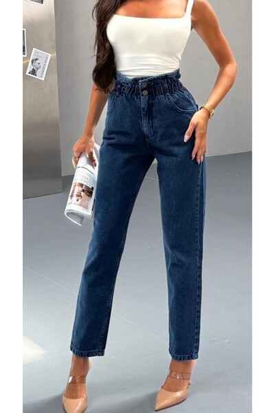 KENE JEANS High Waist Double Button Belt Ruched Mom Jeans
