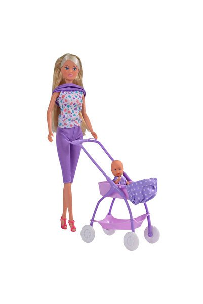 Simba Papusa Steffi Love Baby Walk 29 cm mov cu carucior si accesorii