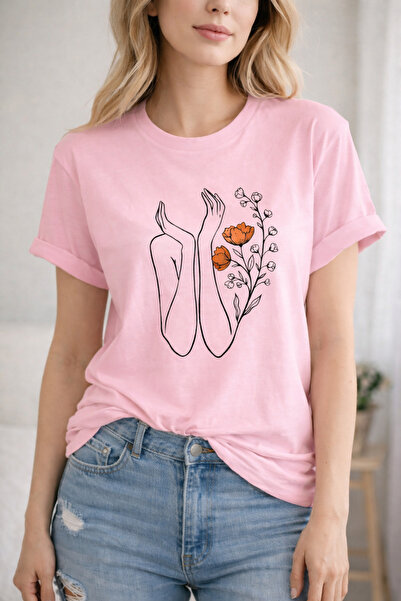 ArtYus Flower and Hands Printed Cotton Relaxed Fit Round Neck Unisex T-Shirt