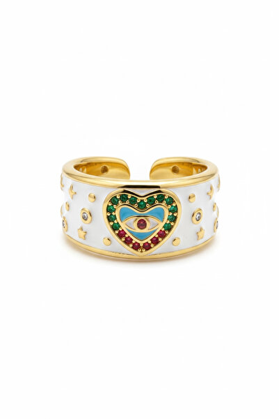 AlminaMia Adjustable Enamel Detailed Evil Eye Heart Patterned Gold Color Bras...