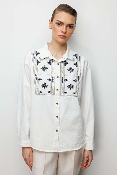 Ekol Stone Pattern Embroidered Cotton Shirt