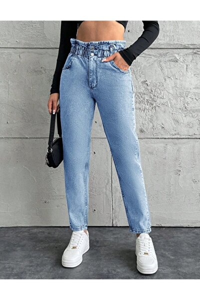 KENE JEANS High Waist Double Button Belt Ruched Mom Jeans