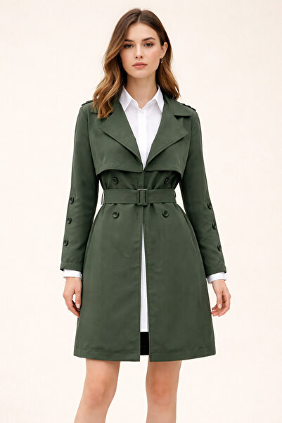 Kirazgym Buttoned Belted Trench Coat with Lining - Khaki