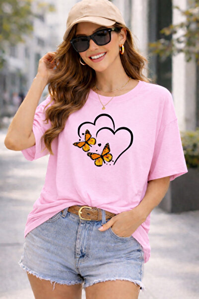 ArtYus Heart and Butterfly Printed Cotton Relaxed Fit Round Neck Unisex T-Shirt