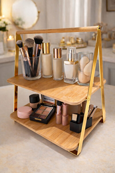 KELEN DEKORASYON Organizer Portatif Ayaklı Gold 2 Katlı Bambu Organizer