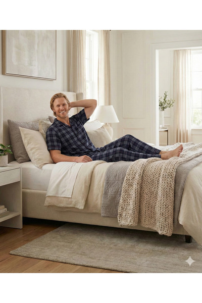 Ayans Pijama طقم بيجامة رجالي من السوبر جيرسيه (الرقيق) بأكمام قصيرة وأزرار ك...