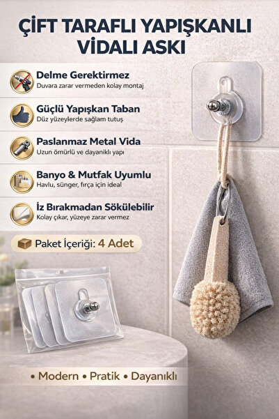 Single ( 4 Adet ) İz Bırakmayan Elbise, Raf, Mutfak, Banyo, Rakı Askısı Kancası