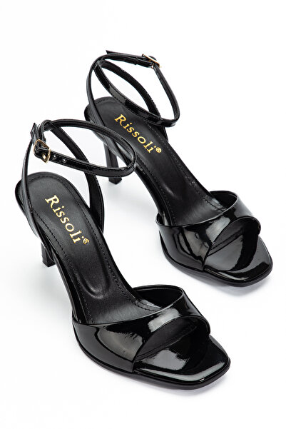 RİSSOLİ Black Patent Leather Ankle Strap Single Strap Short Heeled Women's Sa...