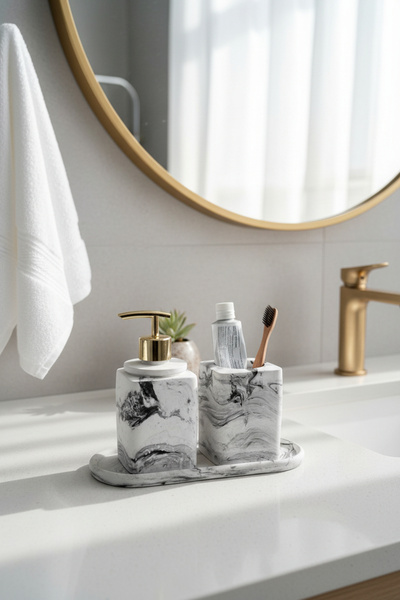 TırtılStore 3'lü Mermer Desen Beton Banyo Seti Sıvı Sabunluk Diş Fırçalığı Ak...