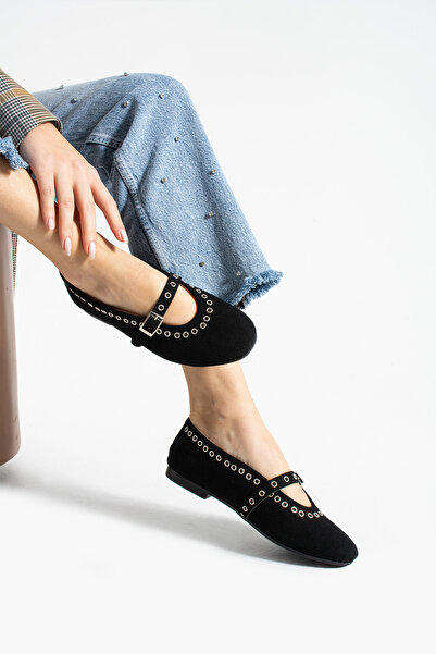 Gökçe Shoes Luxe Siyah Süet Kapsül Detay Kadın Anatomik Taban Babet
