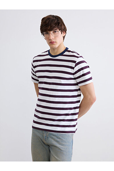 LC Waikiki Ανδρικό μπλουζάκι από χτενισμένο βαμβάκι με ρίγες σε σχέδιο μελιτζ...