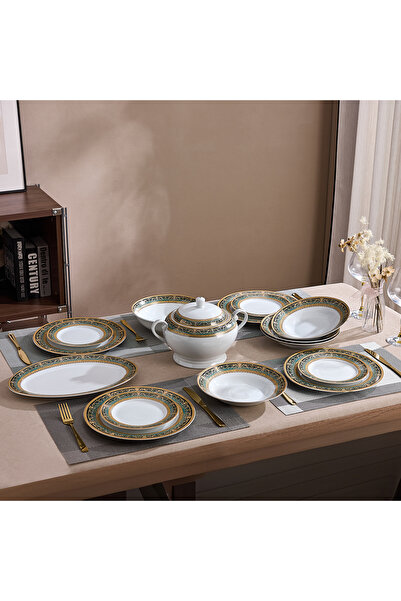 Malooki Emerald Royal Gold 12-Person Porcelain Dinner Set 40 Pieces, Green Ba...