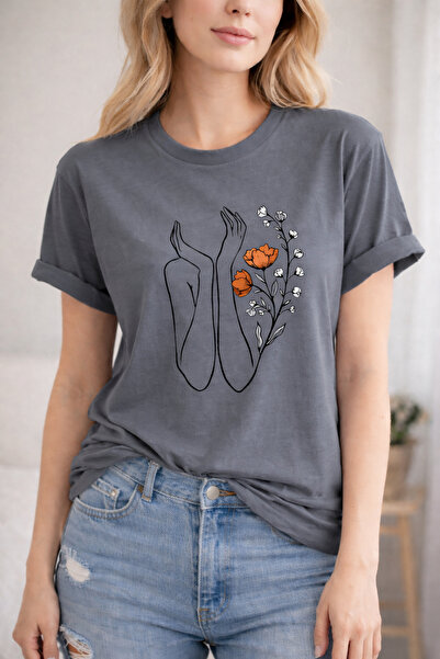 ArtYus Flower and Hands Printed Cotton Relaxed Fit Round Neck Unisex T-Shirt