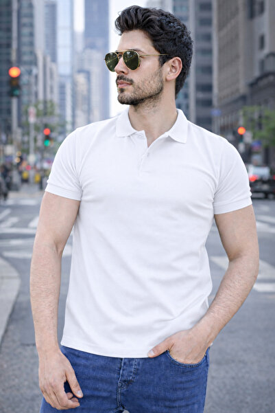 MyRia Polo Yaka Tişört Kıvrılmaz Yaka %100 Pamuk Regular Fit Beyaz