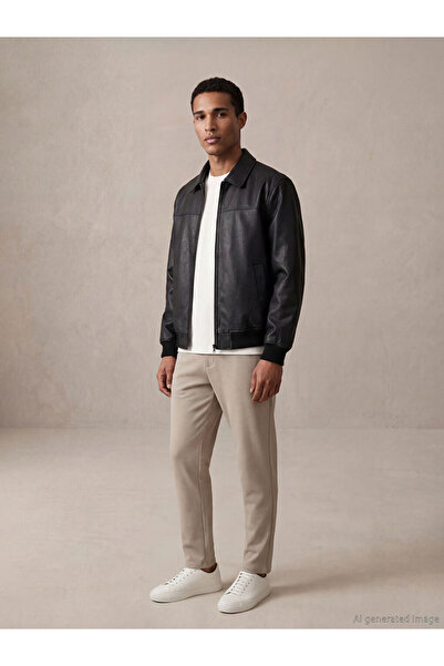 LC Waikiki Standard Shape Shirt Collar Men's Leather Look Coat