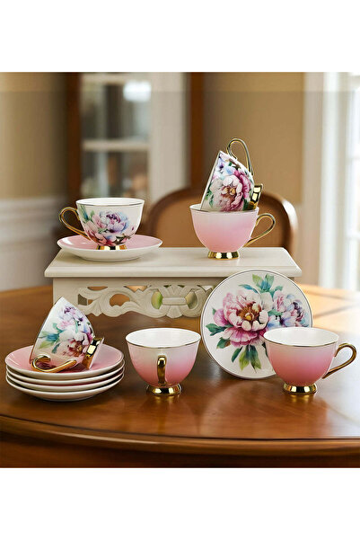 Trendmiya Set of 6 Pink Colored Floral Coffee Cups with Gold Detail