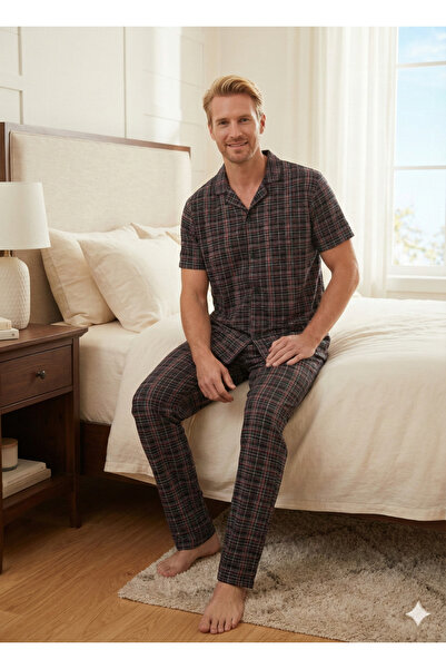 Ayans Pijama Single Jersey (Thin) Short Sleeve Buttoned Men's Pajama Set