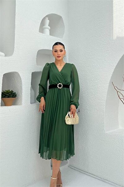 Neşeli Butik Women's Green Double-Breasted Collared Pleated Midi Dress with B...