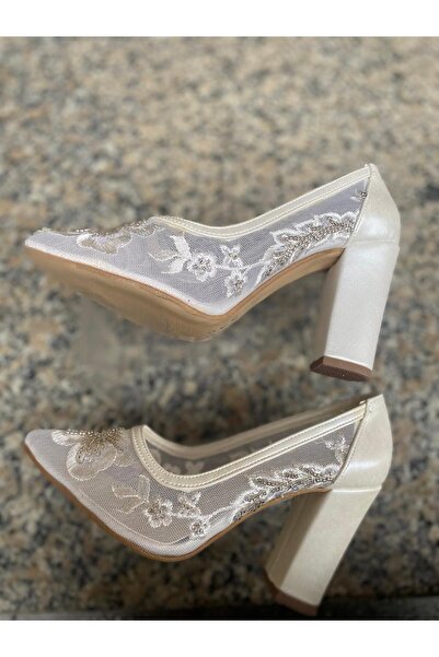 Metin Ayakkabı Ecru Outer Material Tulle and Embroidered Thick-Heeled Women's...