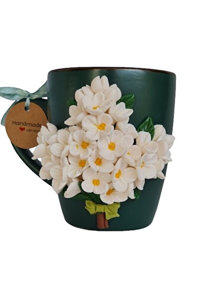 OEM Personalized mug, hand-shaped white lilac flowers, Fimo clay, 300ml