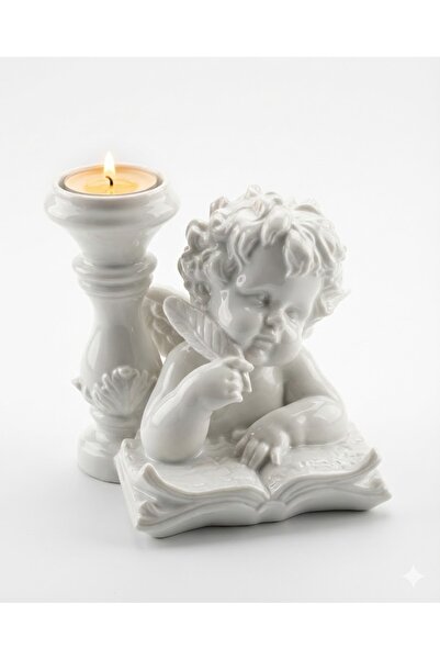 Helis Craft Porselen Görünümlü Parlak Beyaz Barok Melek Biblo Tealight Mumluk