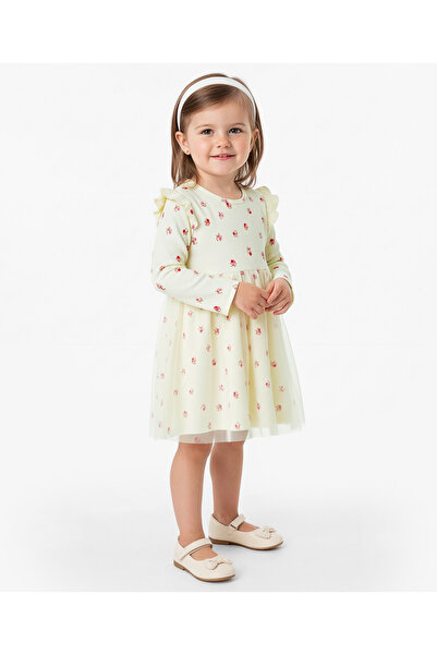 Bonfino Bows Printed Frill Detailed Full Sleeves Dress with Mesh - Ivory