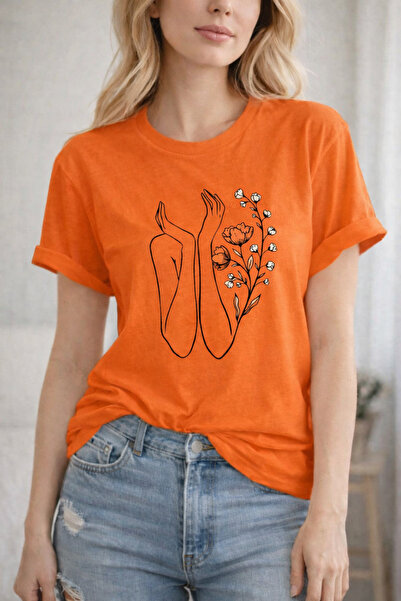 ArtYus Flower and Hands Printed Cotton Relaxed Fit Round Neck Unisex T-Shirt