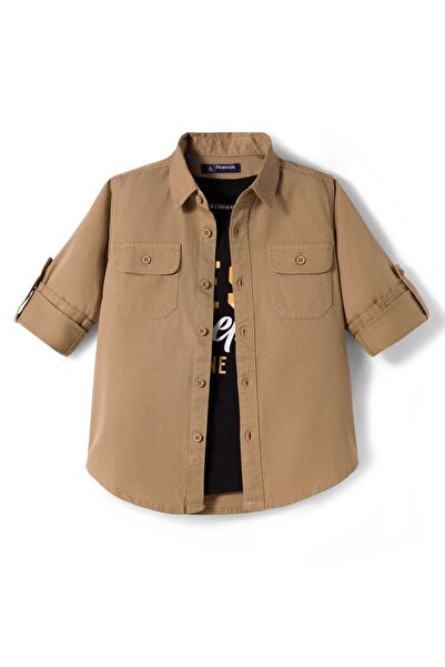 Pine kids Cotton Woven Full Sleeves Shirt With Text Printed T-Shirt - Beige