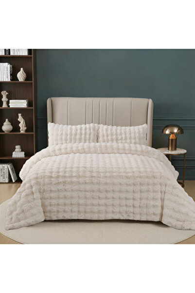 Nevore Home Ultra Soft Peluş Krem Çift Kişilik Yatak Örtüsü Seti 220x240 cm –...