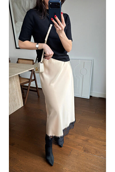 My Blog Beige Satin Skirt with Lace Detail at the Hem - 50228