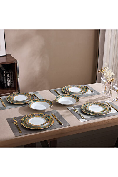 Malooki Emerald Royal Gold Porcelain Dinner Set for 6 People, 18 Pieces, Gree...