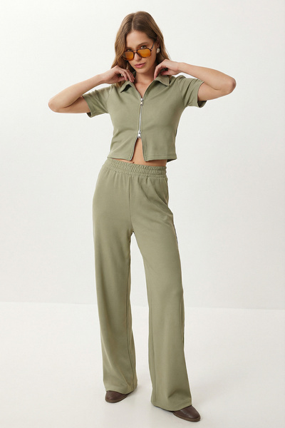 Lovelyİstanbul Fermuarlı Crop Modal Alt-Üst Takım LBY0047 ÇAĞLA YEŞİLİ