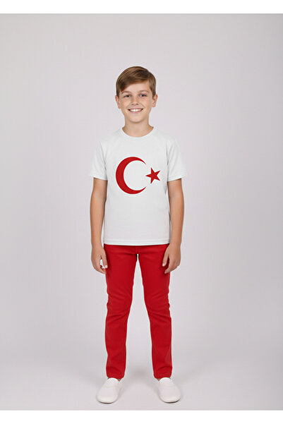 NACAR STORE Boy's Ayyildiz Printed T-Shirt and Red Linen Trousers Set for Apr...