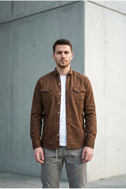 bombe Men's Slim Fit Skinny Fit Denim Shirt