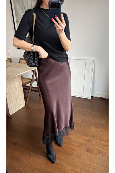 My Blog Brown Satin Polka Dot Maxi Skirt with Lace Detail at the Hem - 50228