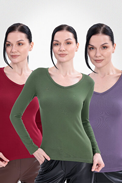 Yade Fashion V Yaka Uzun Kollu Kadın Body 3'lü Set
