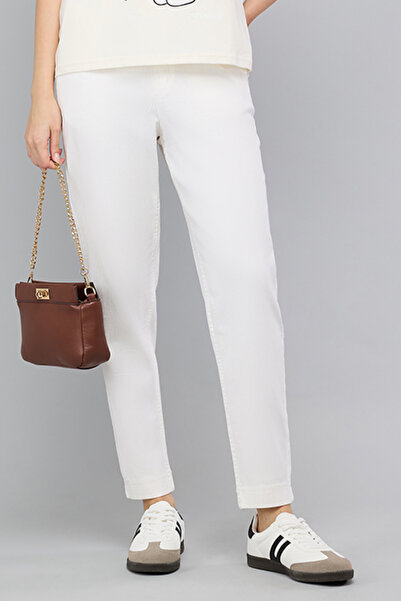 R&B Women's Cream Solid Mom Fit Jeans with Elastic Waist