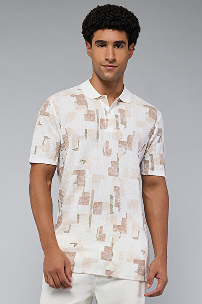 R&B Men's Cream Patterned Polo T-Shirt with Short Sleeves