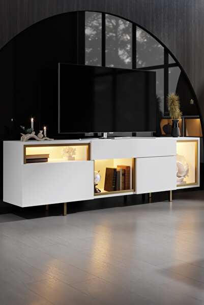 Modatte NORM TV ÜNİTESİ RGB LED IŞIKLI GOLD DEMİR AYAKLI RAFLI DOLAPLI BEYAZ TV SEHPASI