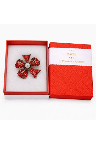 OEM Broșă Elegantă Floare Roșie cu Cristale și Perlă – Mărțișor – Accesoriu d...