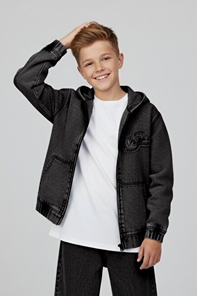 DMB BOYS & GIRLS Jachetă din denim pentru băieți, cu glugă și litere în relief