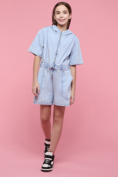 R&B Girl's Blue Washed Hooded Romper with Short Sleeves
